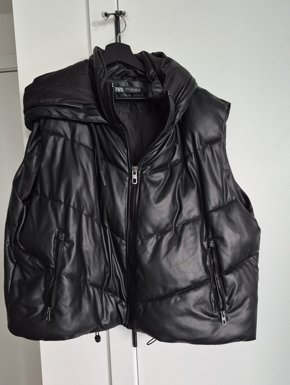 ZARA Black Quilted Faux-Leather Puffer Vest with Hood